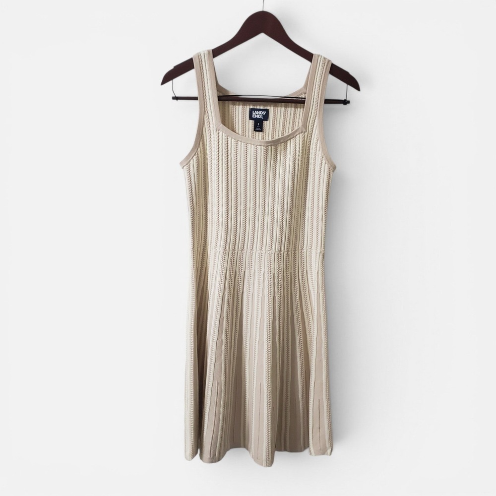 Lands End Womens Beige Striped Fit & Flare Knit Rib Texture Dress Oatmeal Sm 4-6 - Picture 2 of 10
